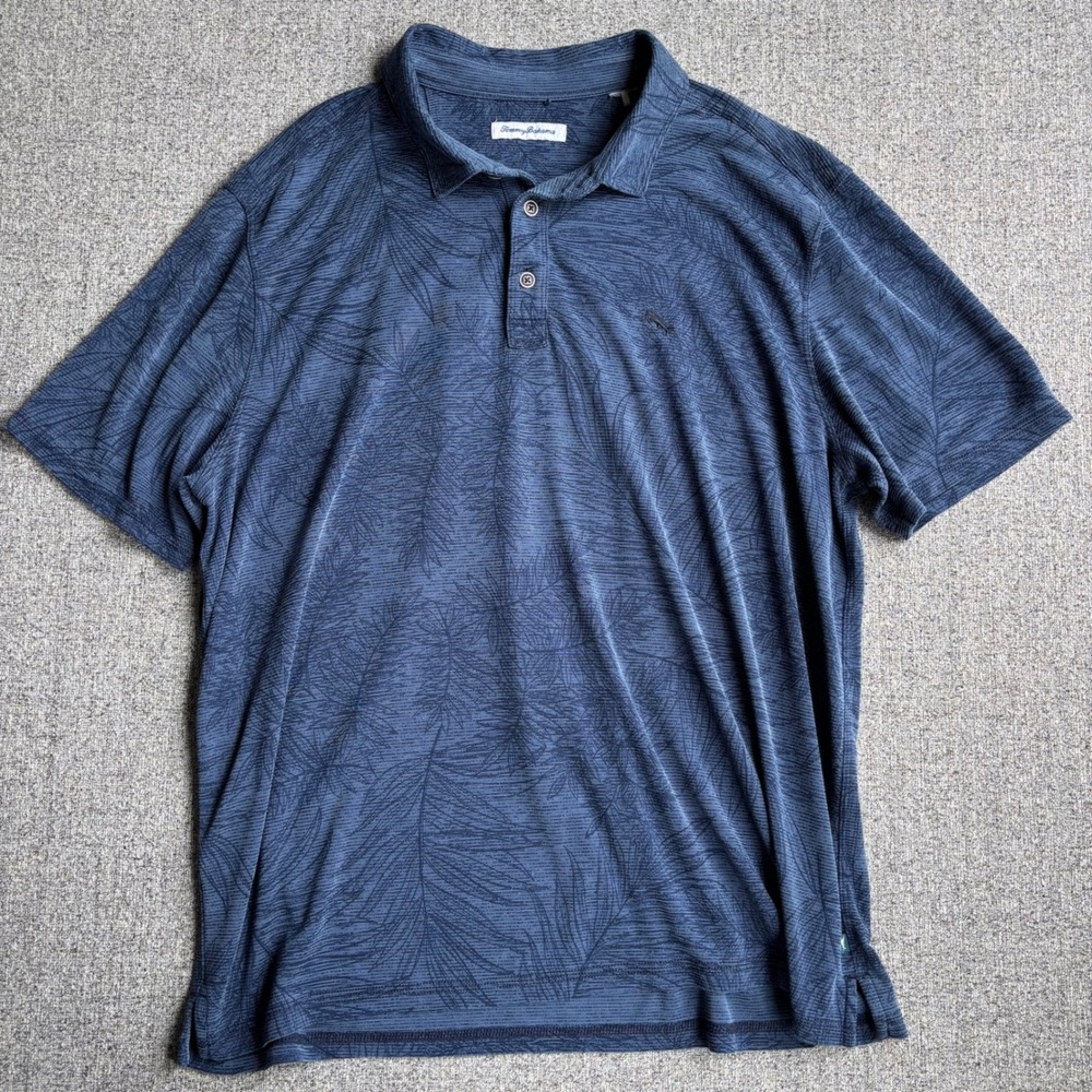 Tommy Bahama Polo Shirt Mens 2XL Blue Palm Leaf Print Short Sleeve Casual Resort